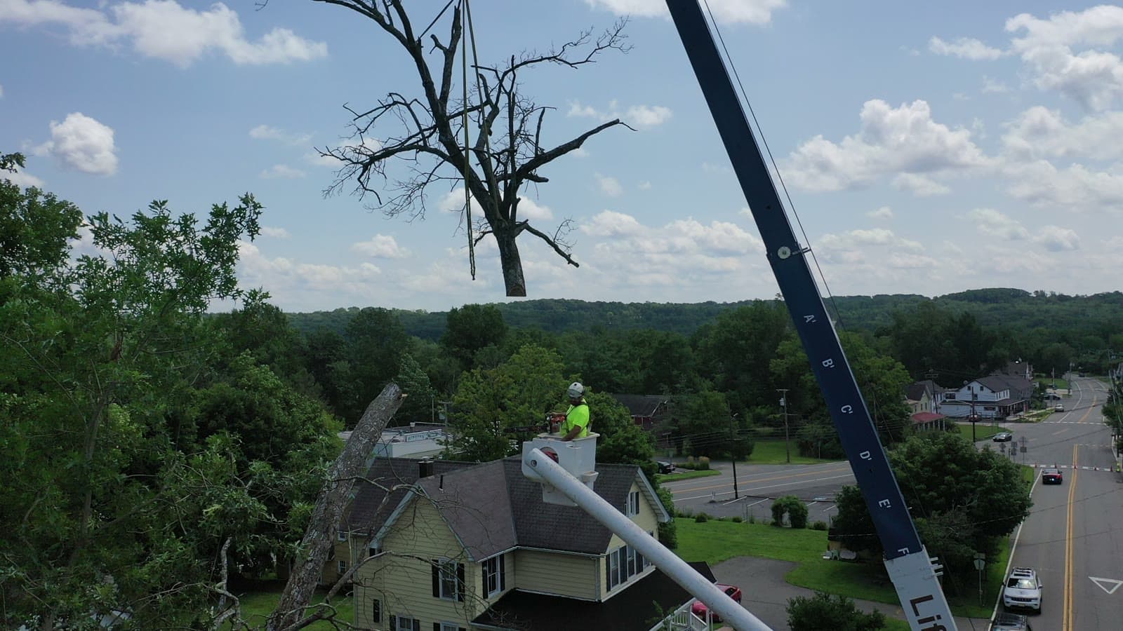 Wide aerial of a Tree Techs crane job in the neighborhood